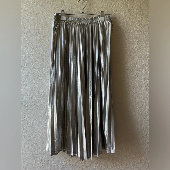 silver metallic party midi accordion pleated midi cocktail skirt concert disco - Picture 7 of 9